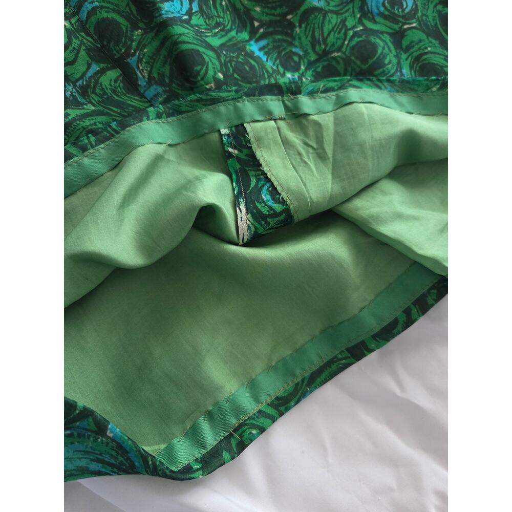 Vintage 60s Mod Psychedelic Swirl Dress Small Pockets Raw Silk Shantung Green - Picture 6 of 10